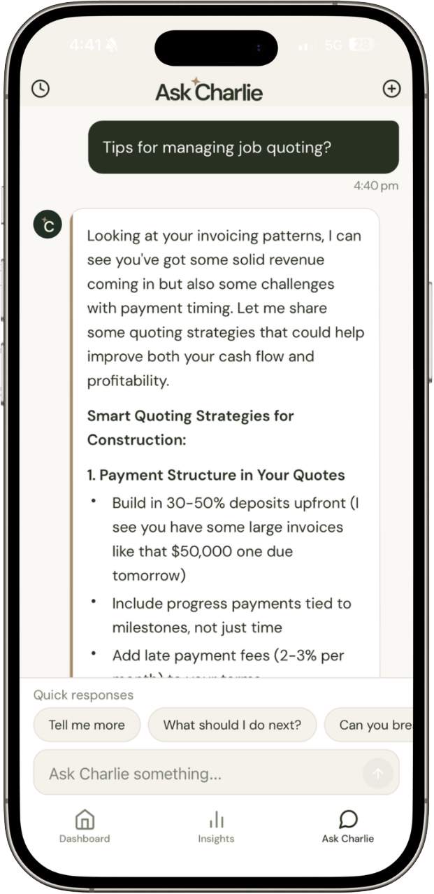 Ask Charlie chat screen, where the owner asks a question and Charlie replies with an answer grounded in their business data.