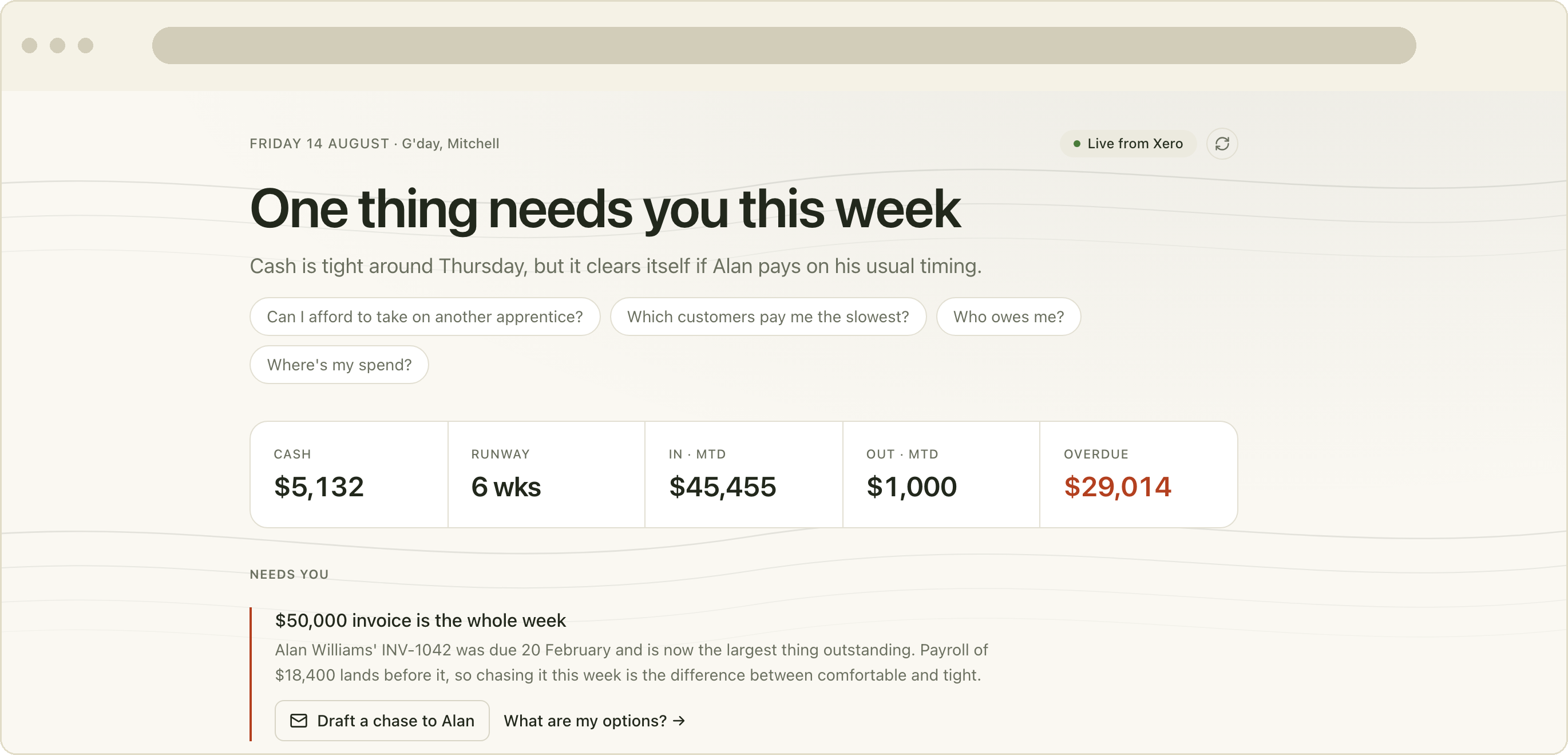The Ask Charlie dashboard open in a desktop browser, showing total cash balance, month-to-date income and expenses, and an expense breakdown.